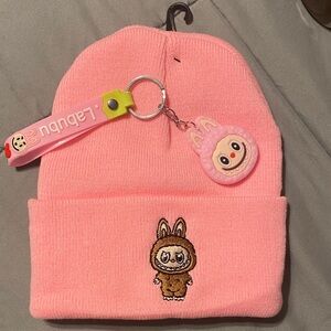Pink Beanie with Cute Labubu Character Embroidery and keychain